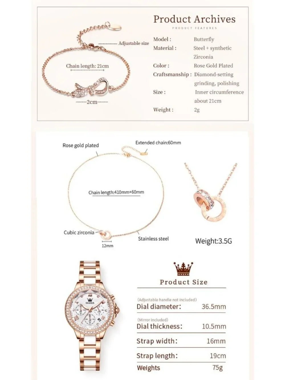Women's White Set Shinning Elegant Luxury Necklaces & Bracelets Wrist Watches